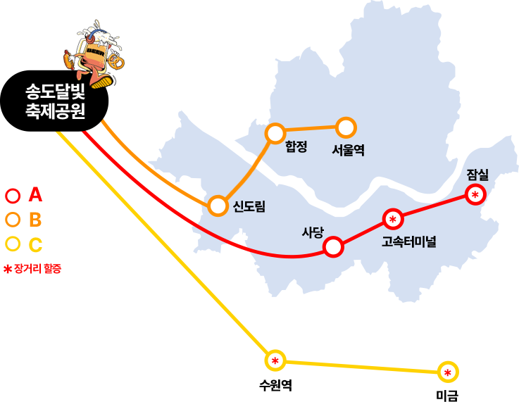 귀가행 노선도 — A노선 사당·고속터미널·잠실, B노선 신도림·합정·서울역, C노선 수원역·미금